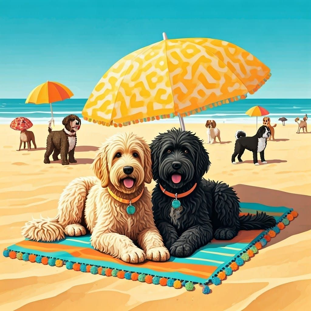 Retro Beach Scene with Dogs in 1980s Style