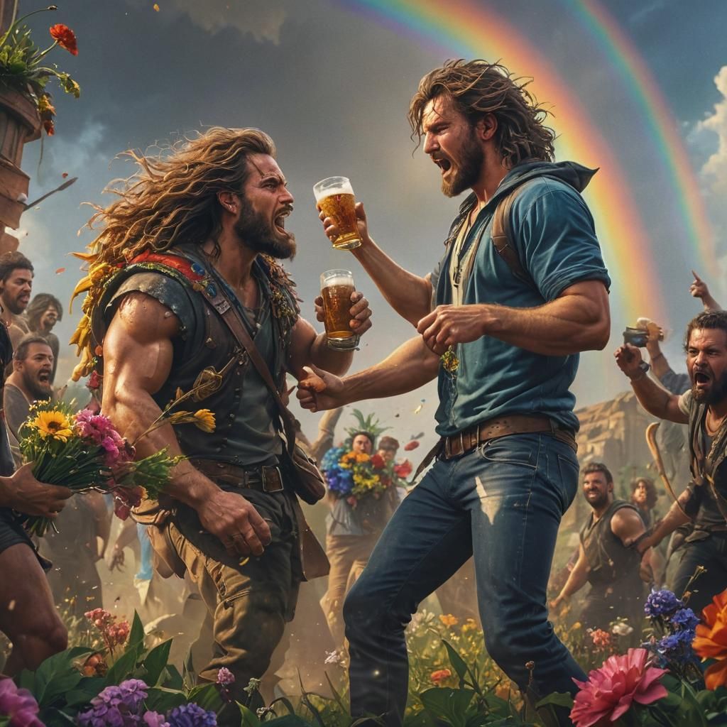 Epic Fantasy Warriors Clash Under Vast Rainbow