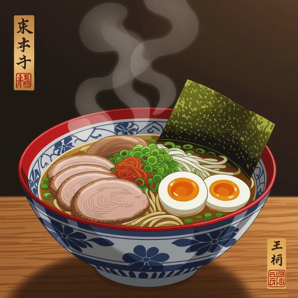 Steaming Ramen Bowl in Ukiyo-e Style