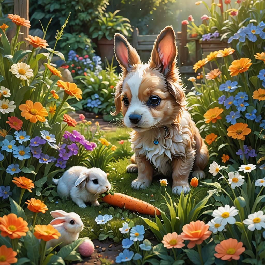 Puppy and Bunny Garden Fantasy Art