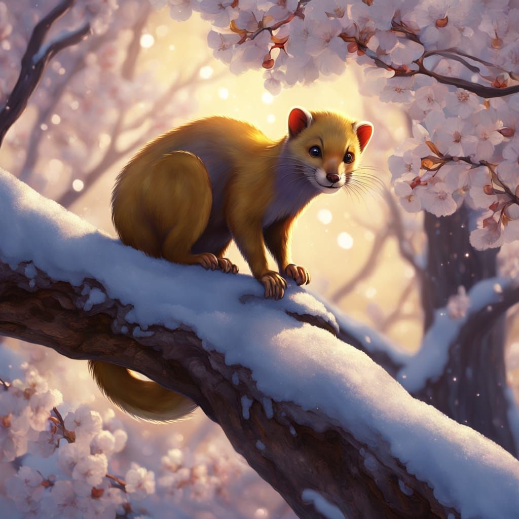 Yellow Weasel in Cherry Tree: Fantasy Concept Art