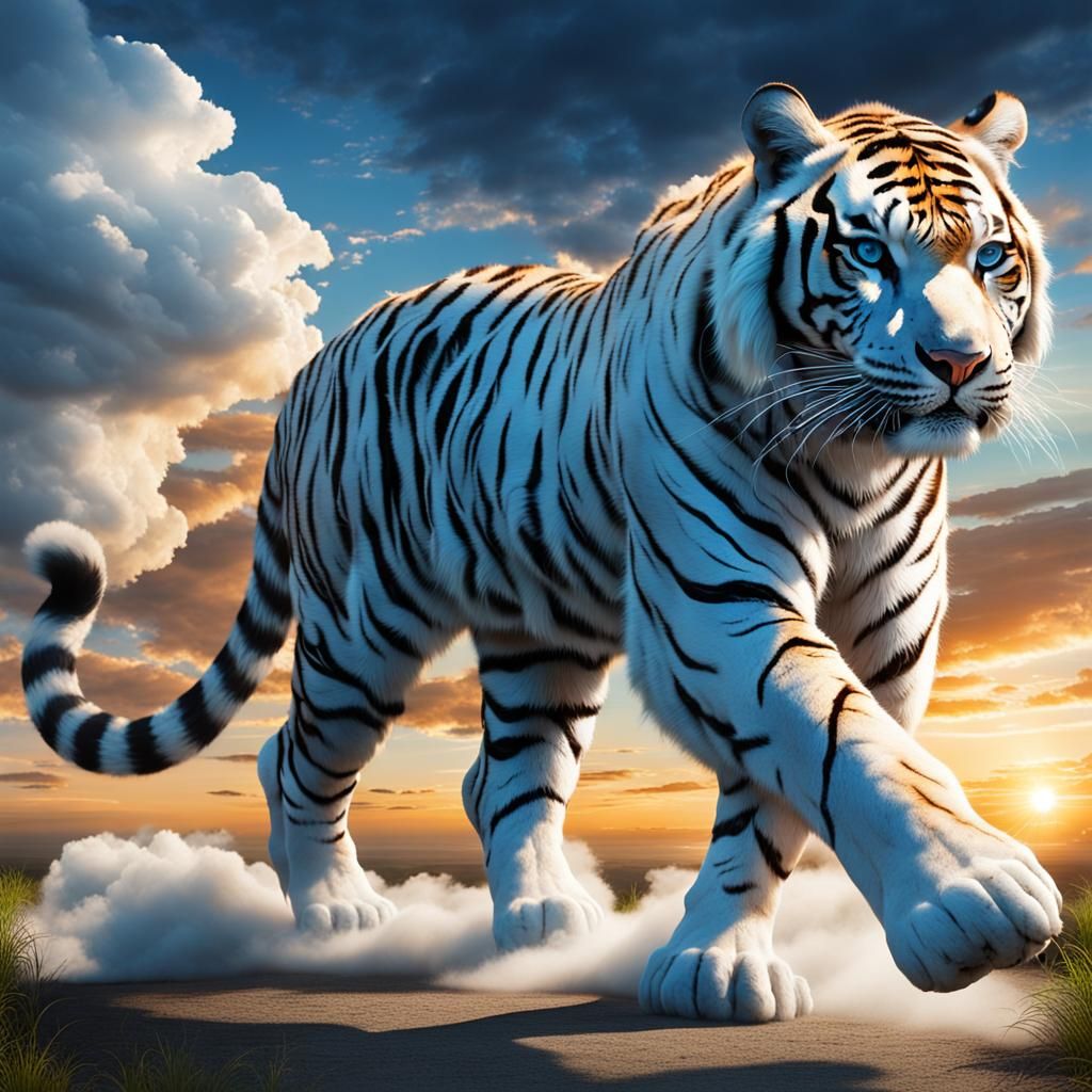 Cloud Tiger Walking Towards Camera at Sunset