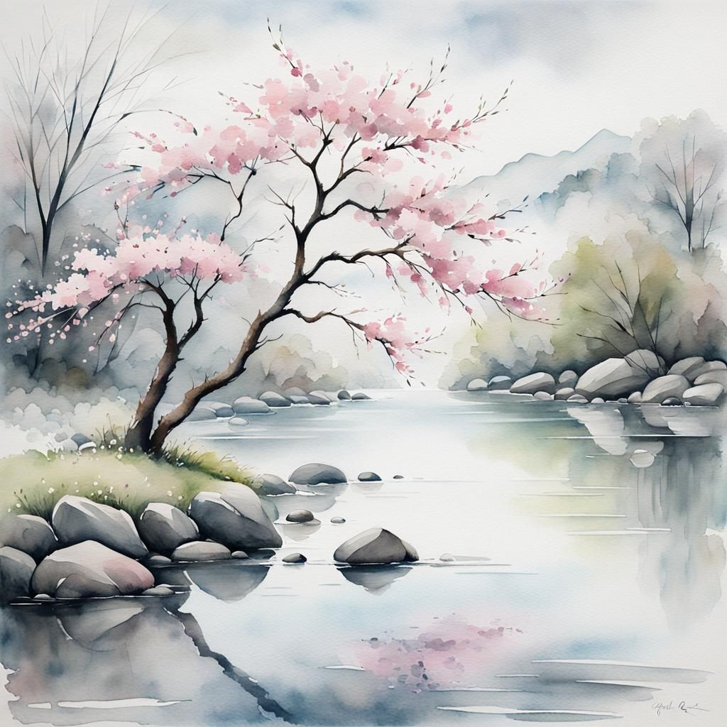 Cherry Blossom Tree: Minimalist Watercolor Serenity