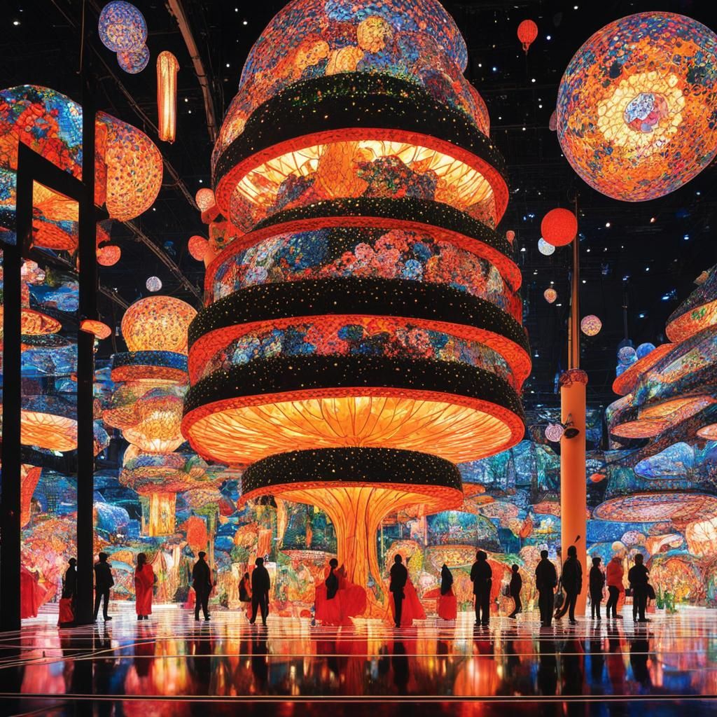 Futuristic Solarpunk Cityscape with Kusama Art Displays