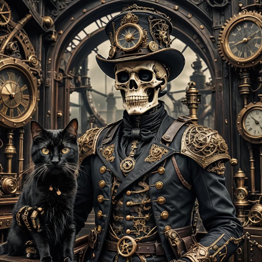 Steampunk Skeleton Captain with Black Cat in HDR