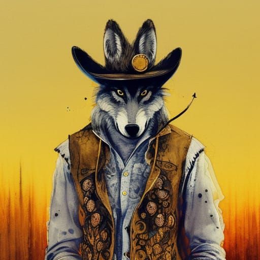Anthropomorphic Wolf Cowboy in Gouache Painting Style
