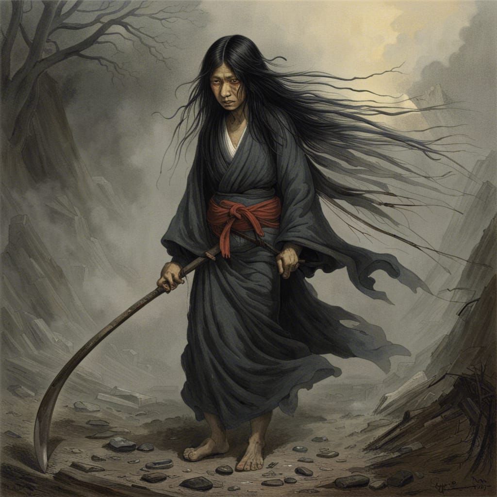 Teke-Teke: Haunting Scythe-Wielding Yokai in Fog