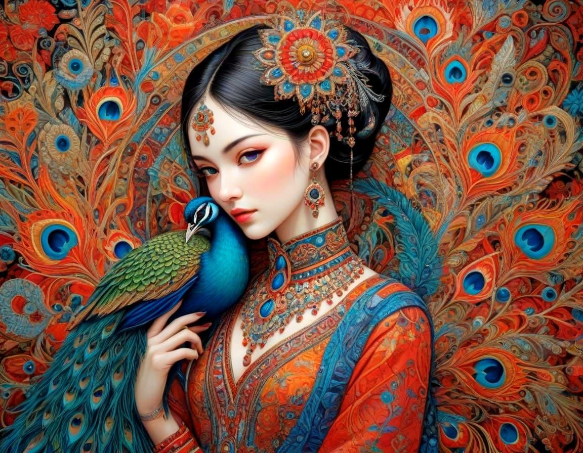 Vibrant Anime Peacock in Mixed Art Style