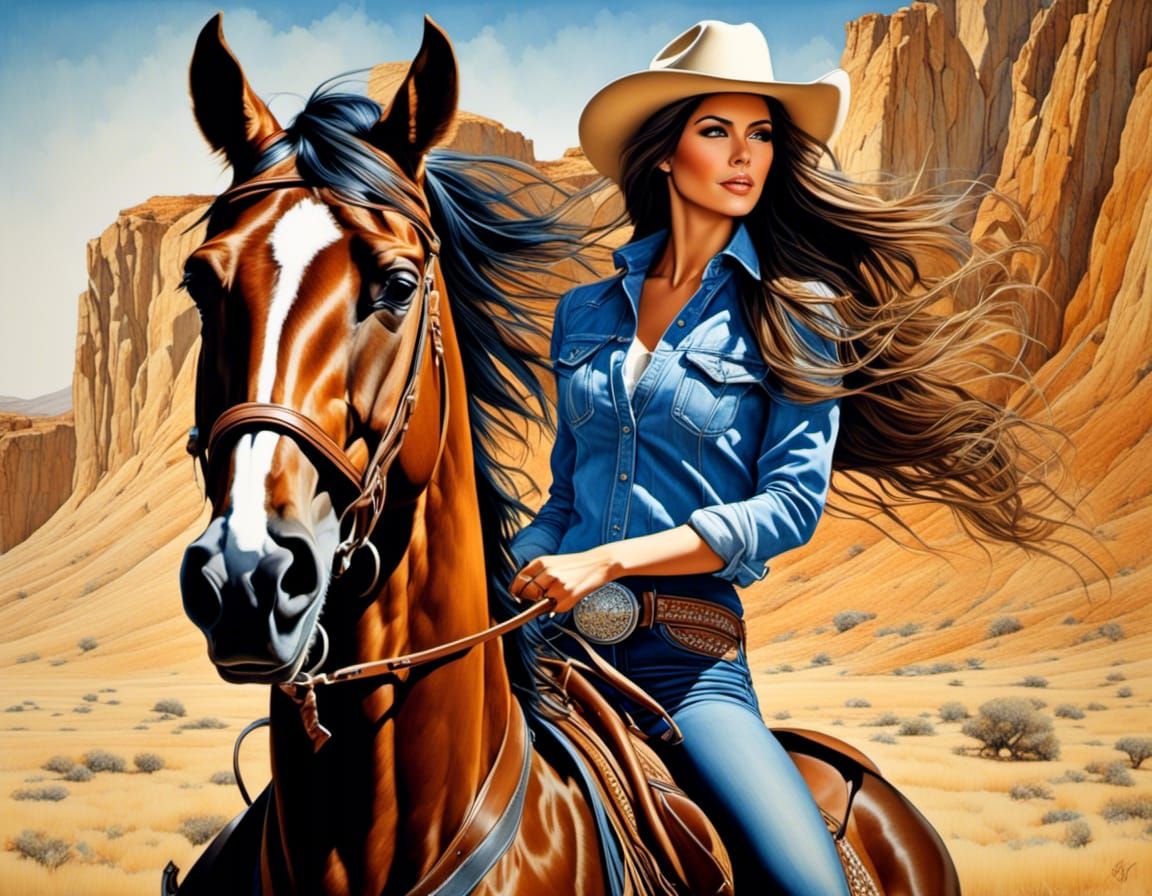 Woman Rides Horse in Western Caricature Style