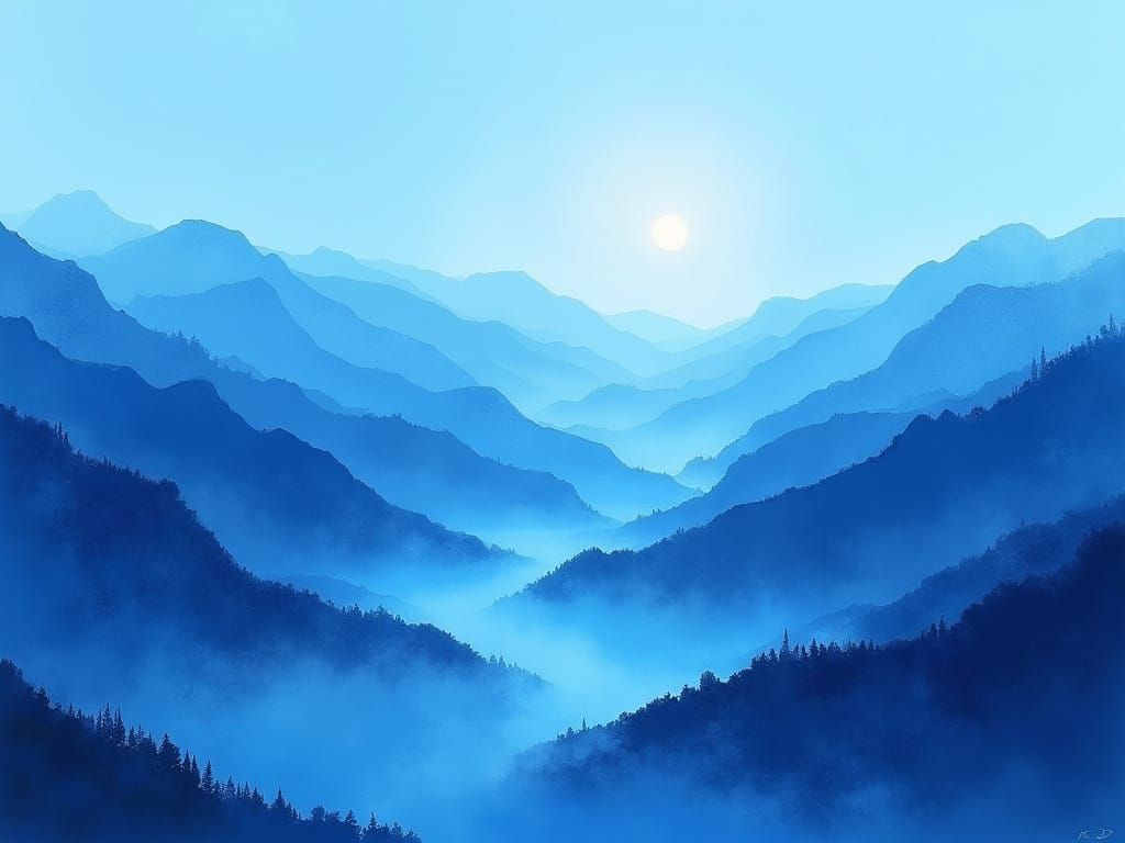 Blue Mountains and Hills Landscape in Blue Light