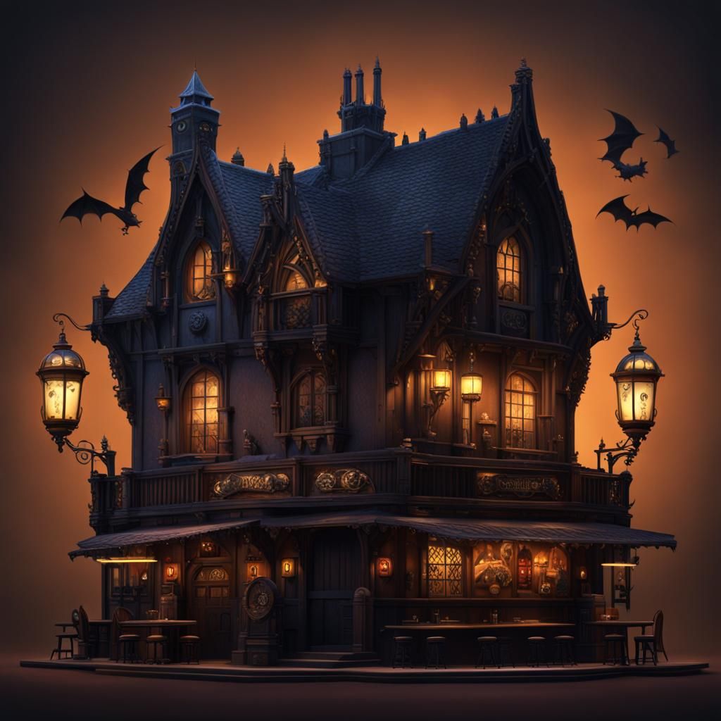 Gothic Pub Scene with Cat, Bat, and Skull