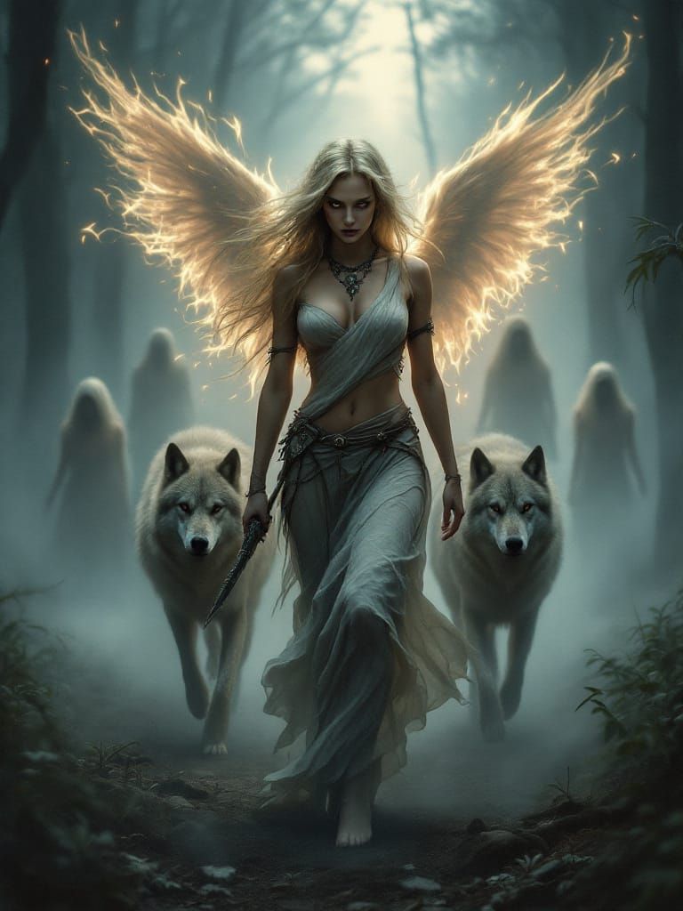 Fae Warrior with Fiery Wings and Wolf Companions