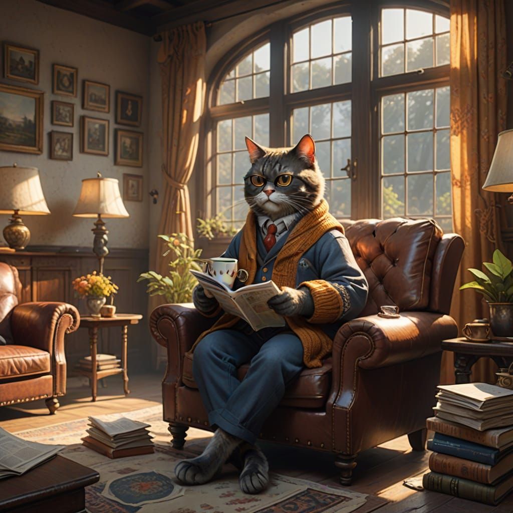 Boomer Cat Lounging in Armchair, Fantasy Concept Art