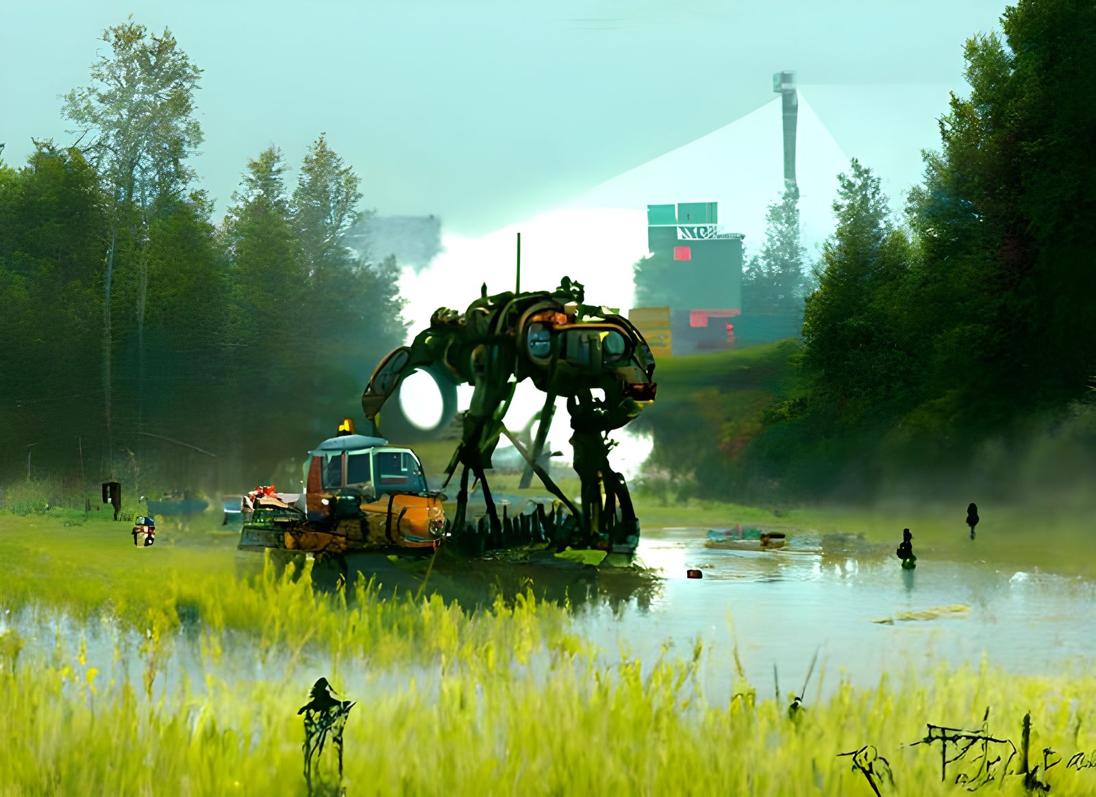 Giant Mechs Cross Swamp in Golden Hour Light