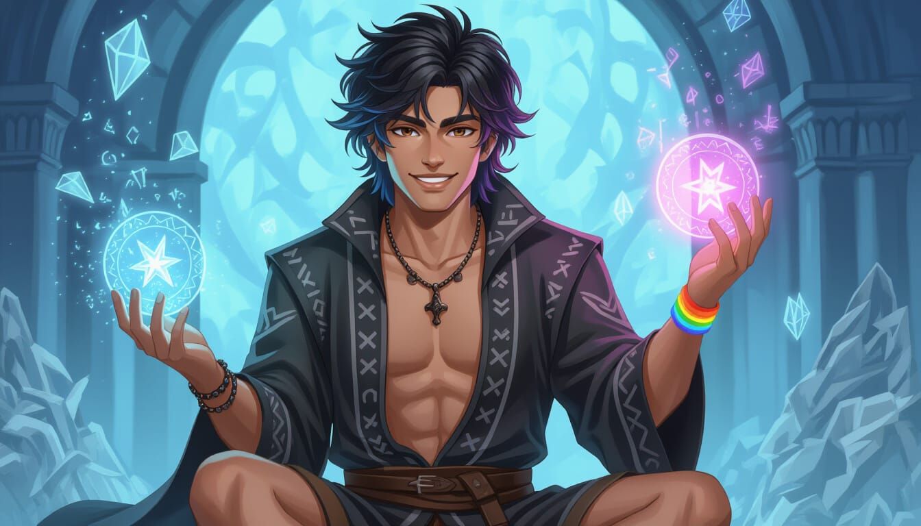 Handsome Mage Apprentice Studying Magic, Blue Tipped Hair