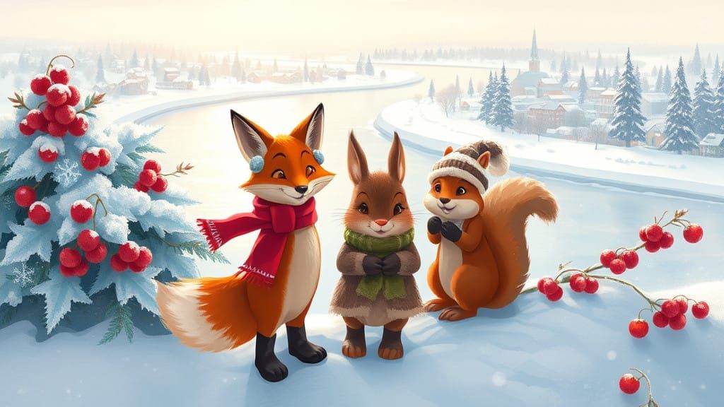 Winter Wonderland Scene with Fox, Hare, and Squirrel