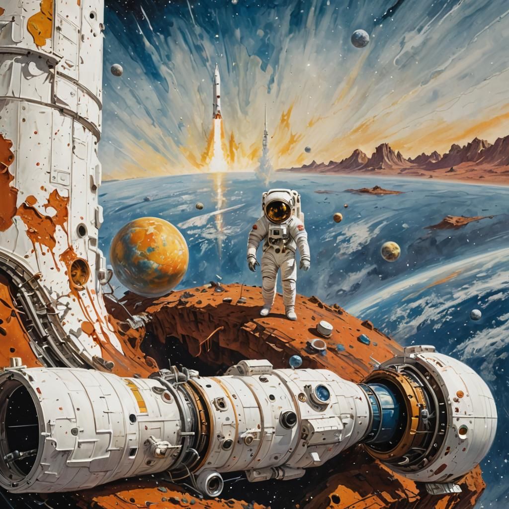 Astronaut Painting Rocket in Orbit: Sci-Fi Illustration