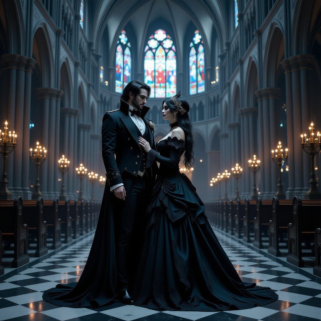 Gothic Couple in a Dark Cathedral Concept Art