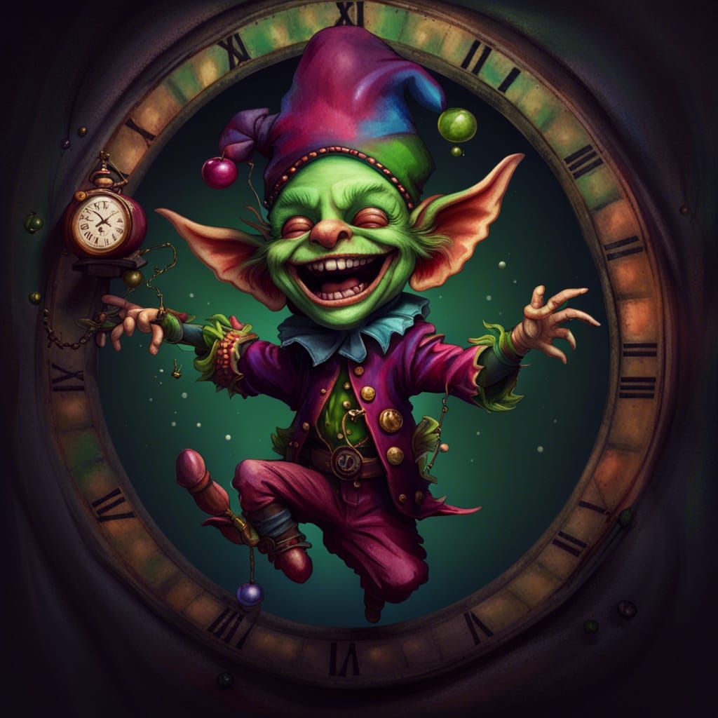 Whimsical Goblin Jester Juggling Clock, Fantasy Art