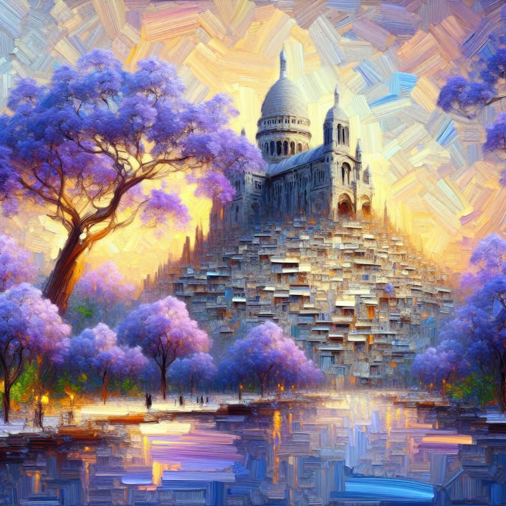 Surreal Montmartre Constructed from Newspapers, Impasto Pain...