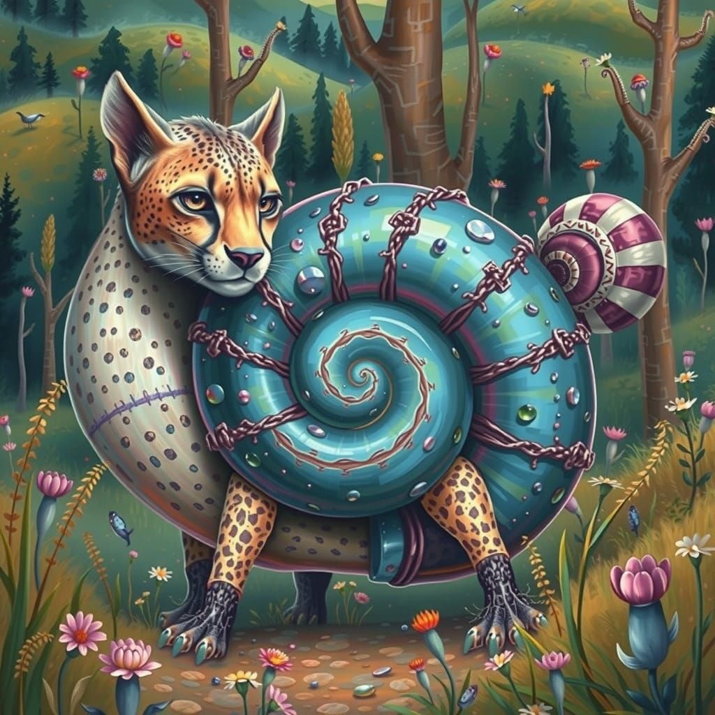 Surreal Snail-Cheetah in Whimsical Landscape