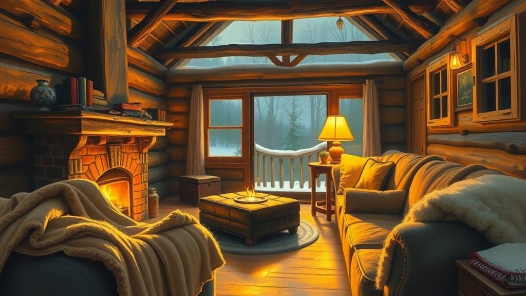Cozy Cabin Interior in Warm Impressionistic Oil Painting Sty...