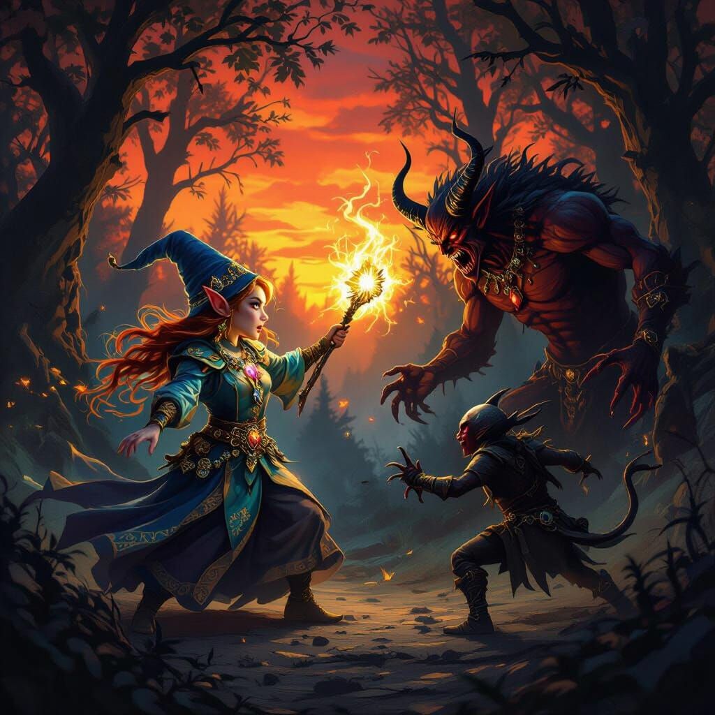 Gnome Warlock Battles Demon in Dark Fantasy Art