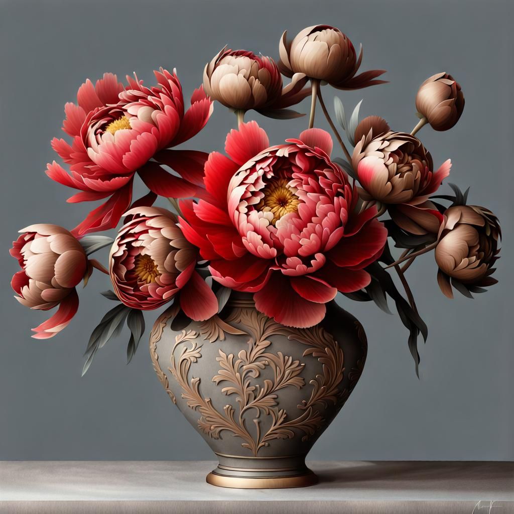 Peonies and Chrysanthemums in Fanciful Illustration Style