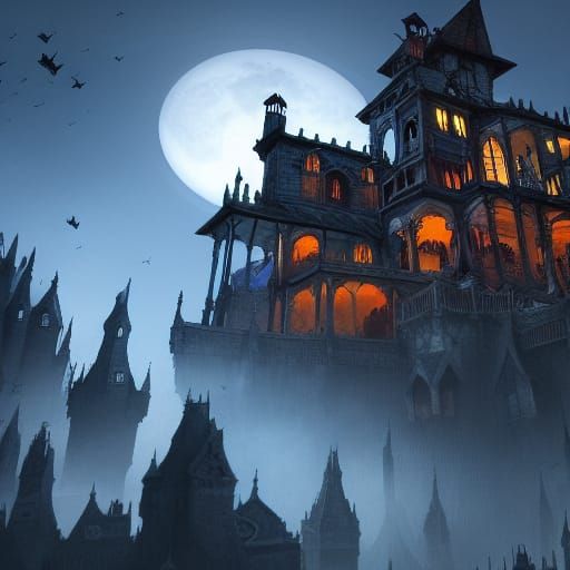 Bats Fly From Haunted House: Detailed Matte Painting