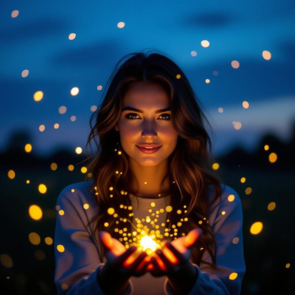 Woman Surrounded by Fireflies in Midnight Sky