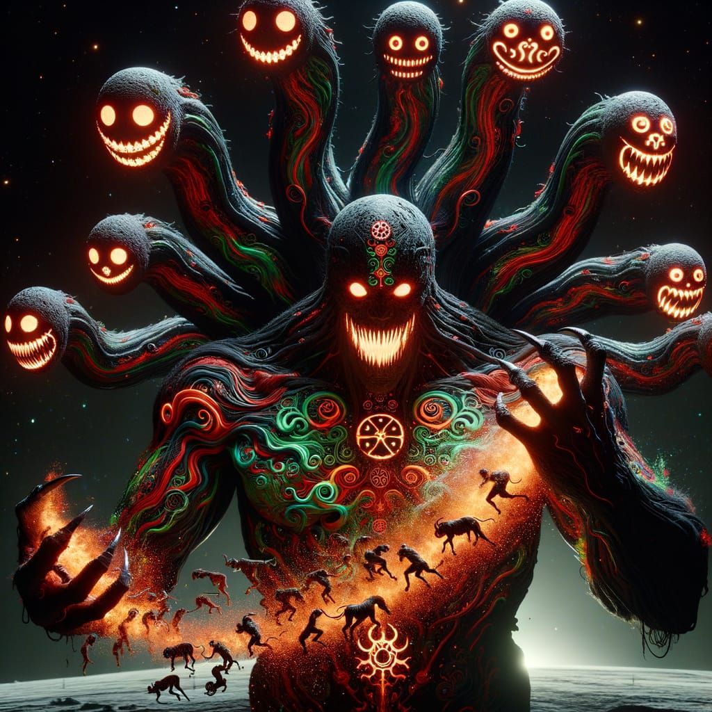 Eerie Eight-Headed Giant Conjures Skeletons