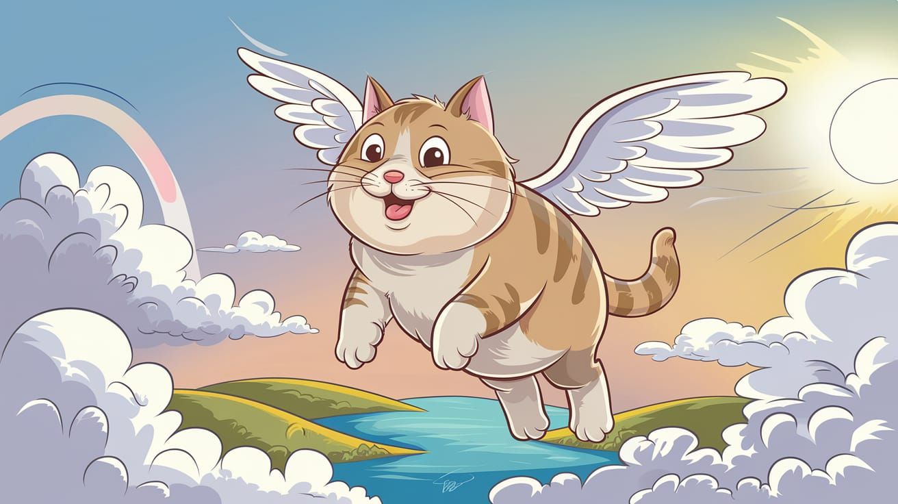 Cartoon Cat Named Socks Flying in Sunny Sky