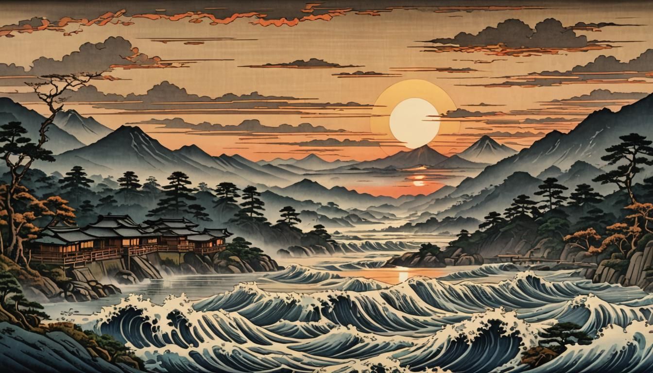 Rising Sun in Japanese Woodblock Style