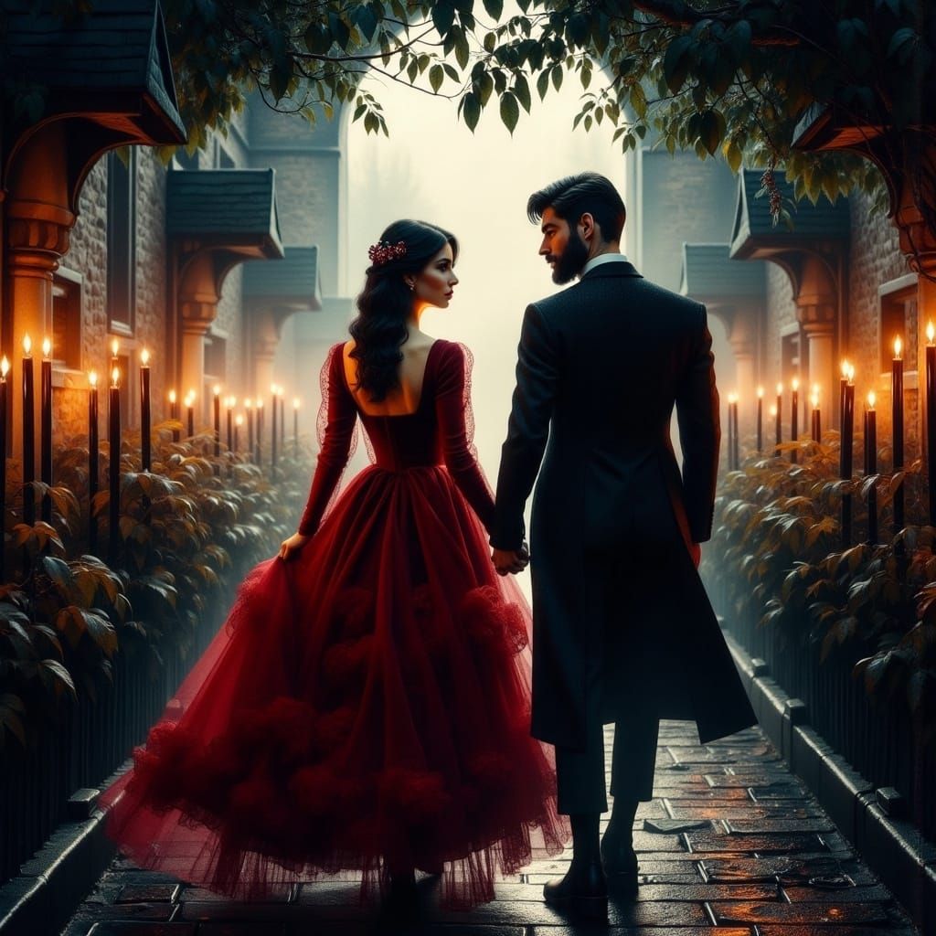 Victorian Era Couple Arrives at Candlelit Church in Warm Cin...