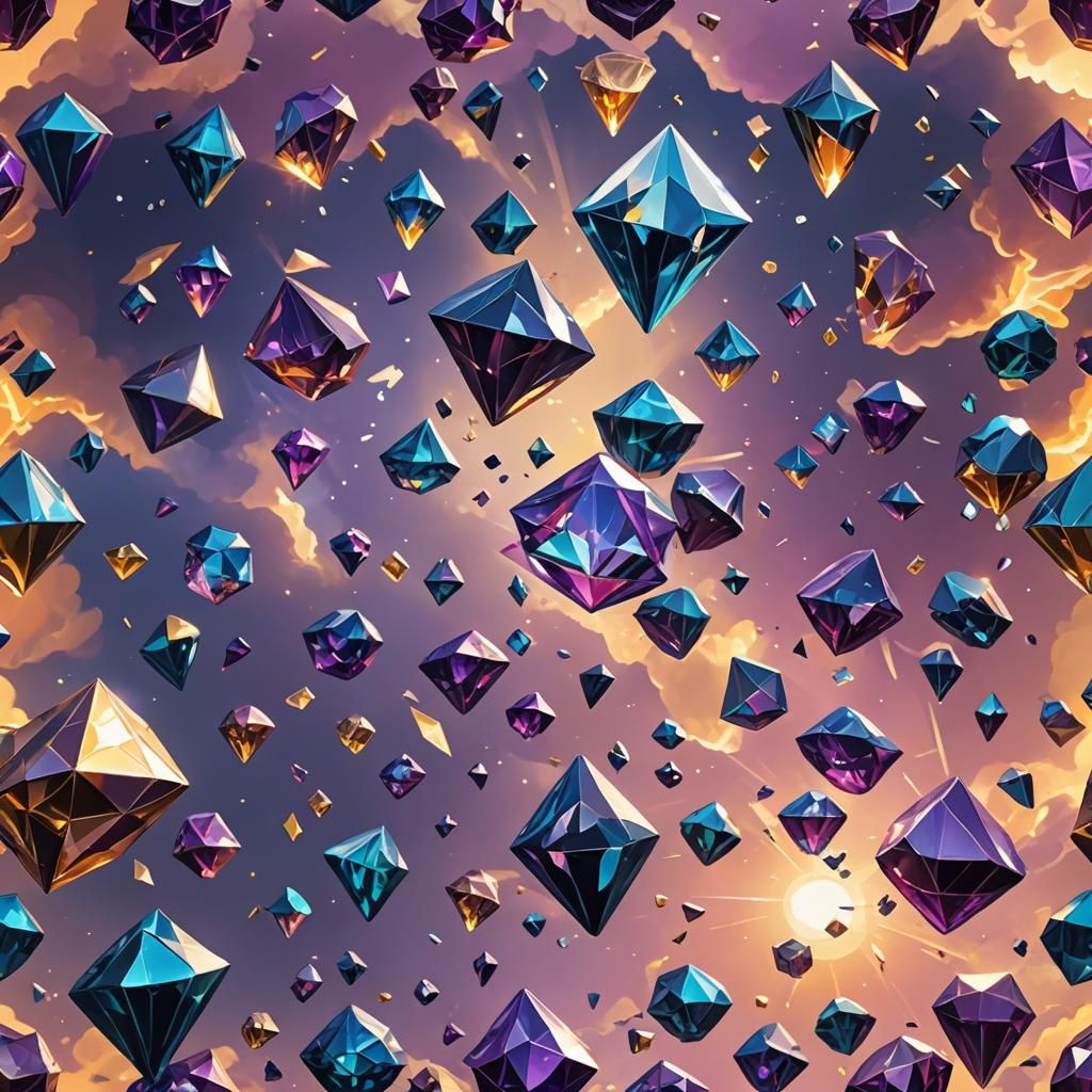 Gemstones Float in Sky: Low-Poly Oil Painting