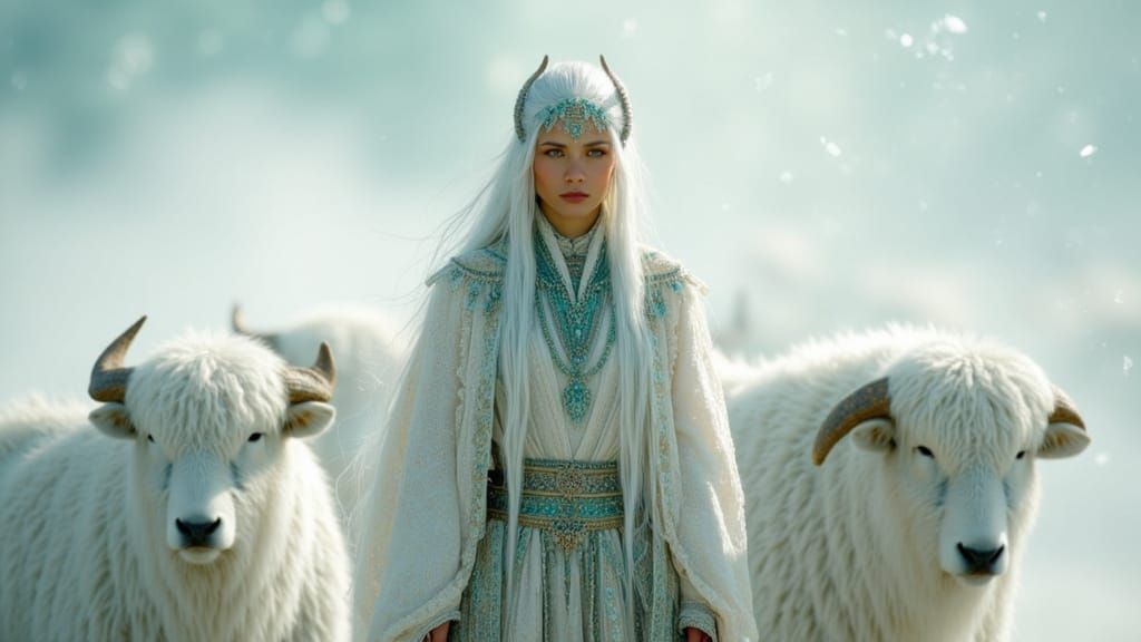 Exoplanet Nomad with White Yaks in Digital Art Style