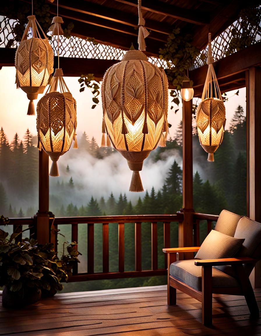 Lantern of Macrame Leaves Illuminates Misty Forest