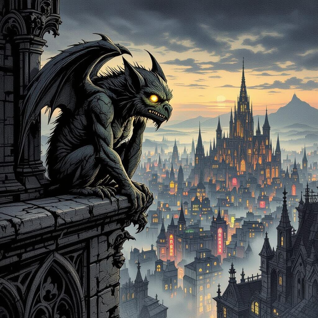 Wise Gargoyle Overlooking Neon Metropolis at Twilight