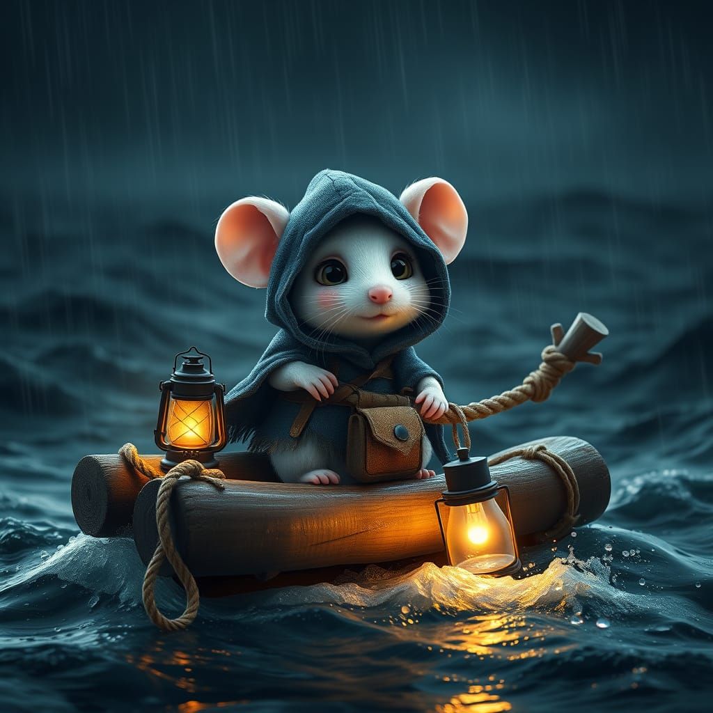 Whimsical Mouse Bravely Endures Stormy Sea in Photorealistic...