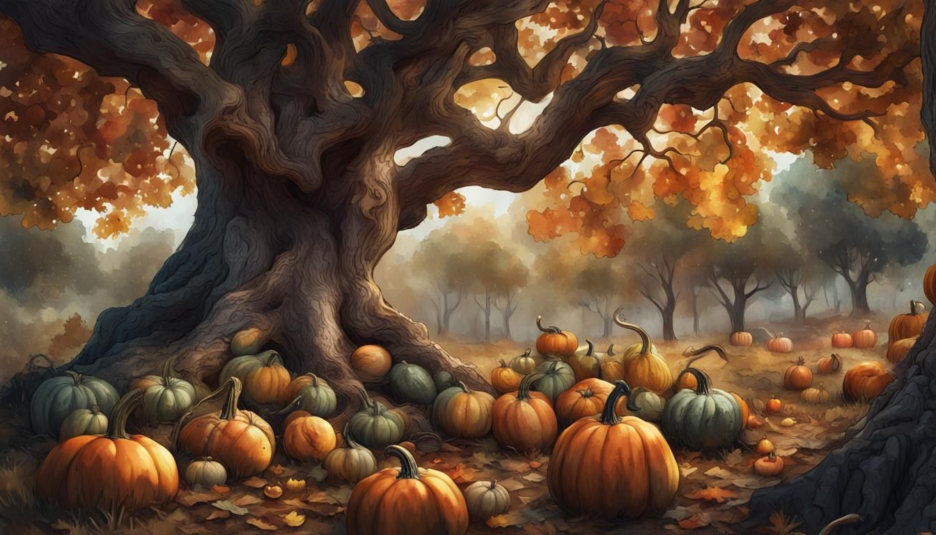 Gourds Around Oak Tree in Fantasycore Style