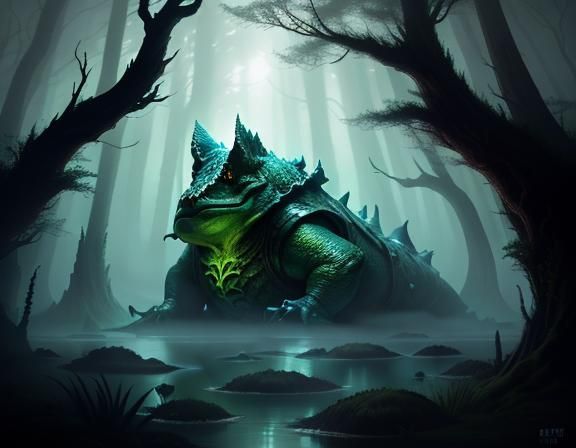 Bullywug in Mystical Swamp with Bioluminescent Mushrooms