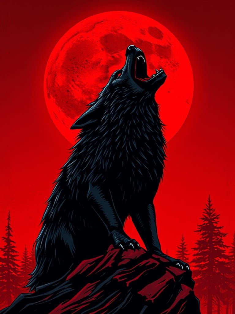 Black Wolf Howling Under Blood Moon