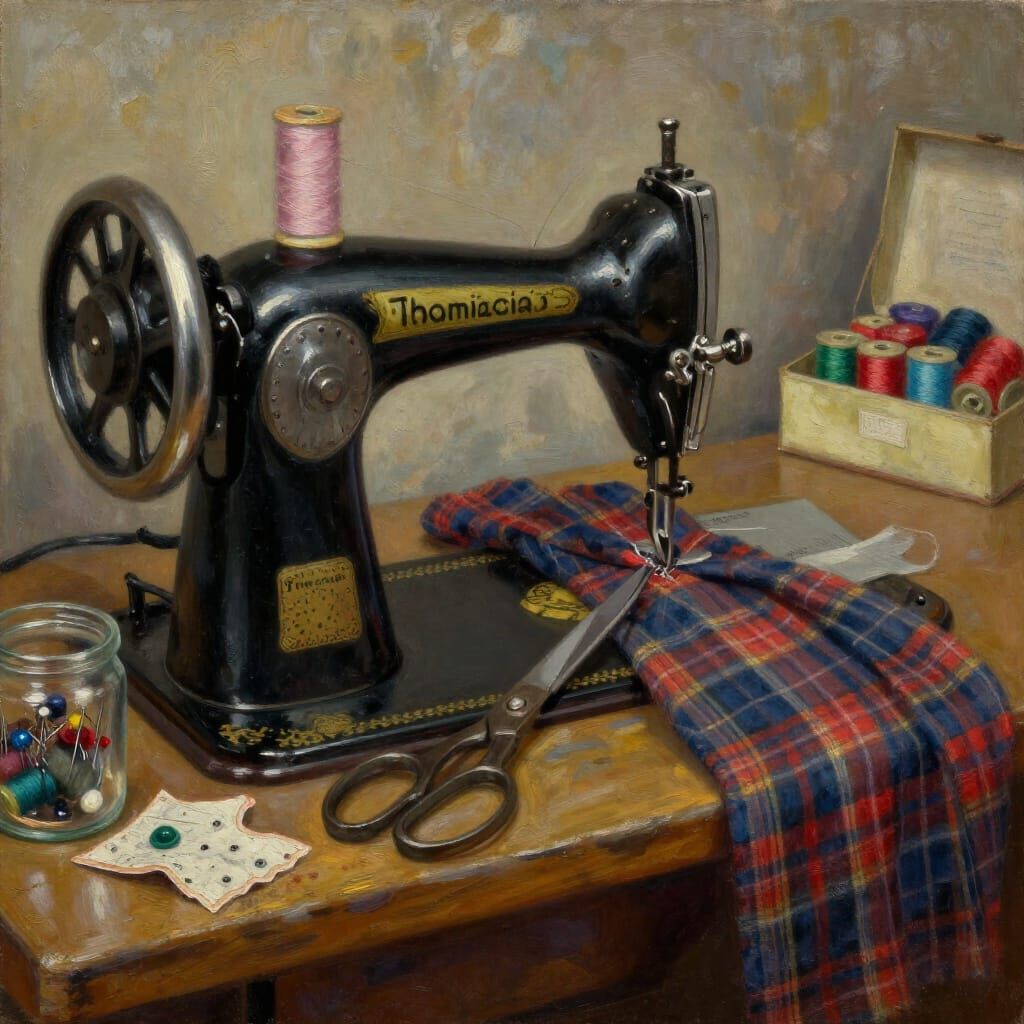 Vintage Sewing Machine in Old Oil Painting Style