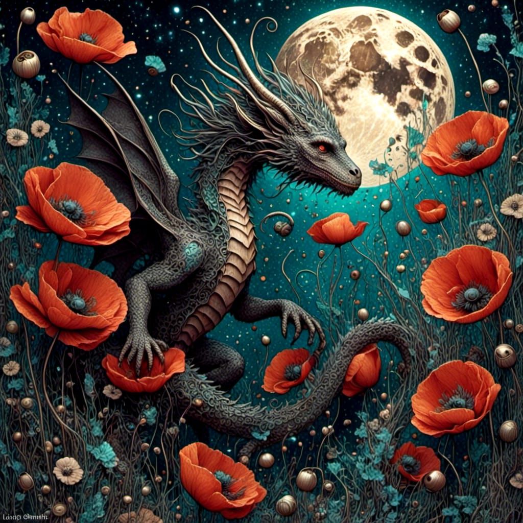 Poppies, Dragon, and Monkey in Comic Book Style