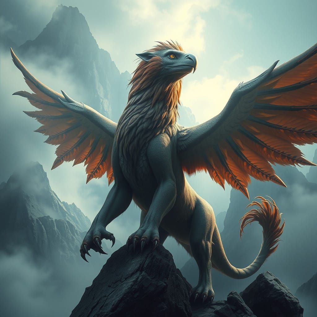 Majestic Realism Griffin in Misty Mountains