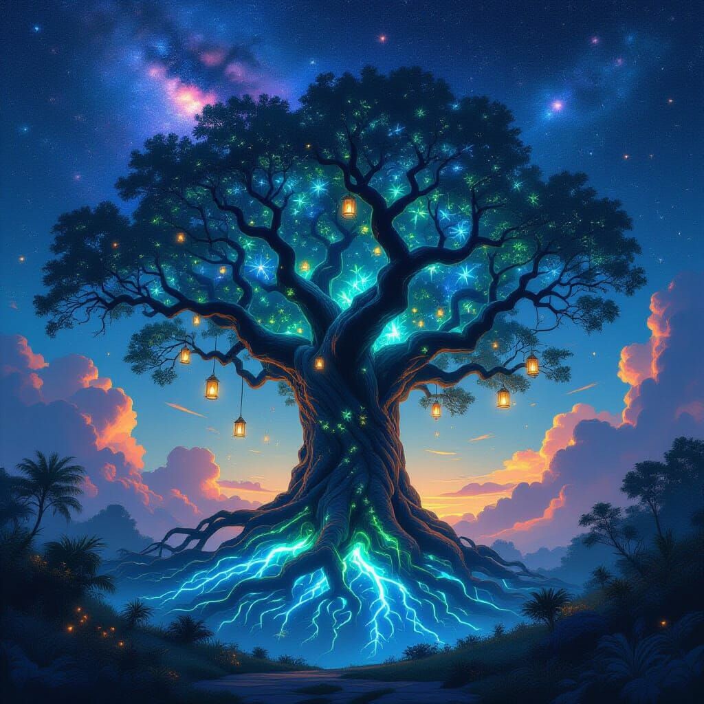 Bioluminescent Tree Under Nebula Sky, Painterly Style