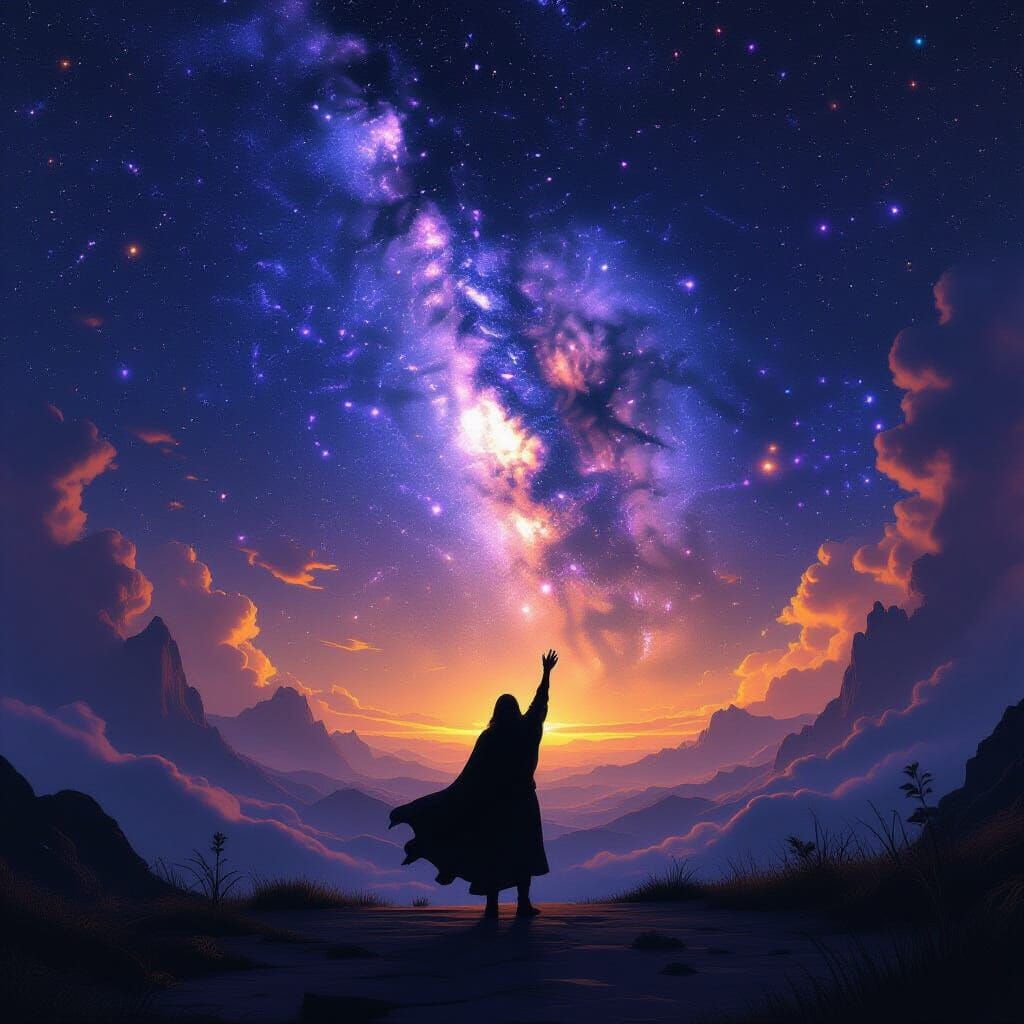 Cosmic Figure Reaching for Stars in Dark Fantasy Style
