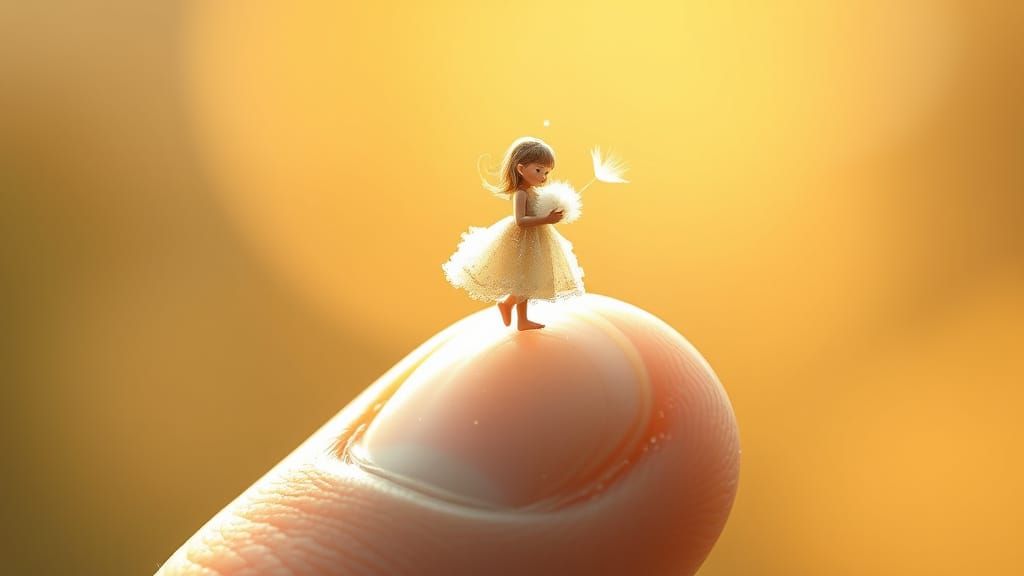 Tiny Girl on Giant Finger, Holding Dandelion Seed in Delicat...