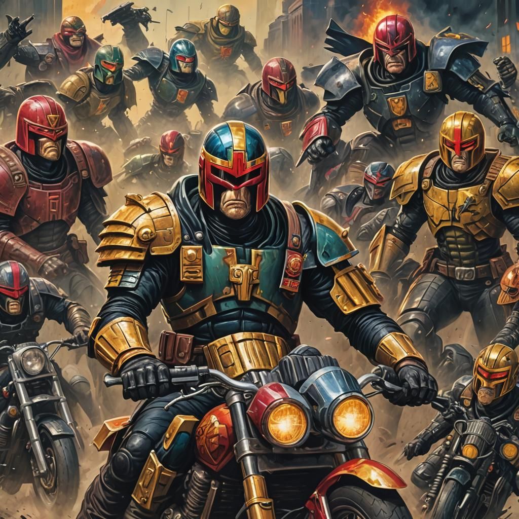 Judge Dredd Rides: Epic Cartoon Oil Painting