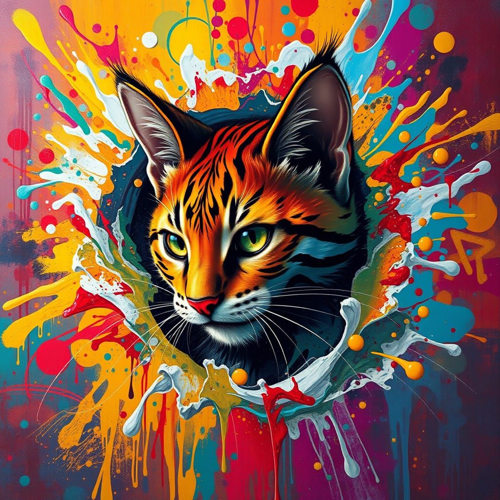 Vibrant Feline Emerges from Colorful Splash in Street Art St...